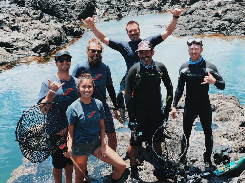 From left to right: Dustin, Aleysa, and Tommy of MOC Marine Institute, and Jim, Josh, and Paul of Maui Ocean Center 