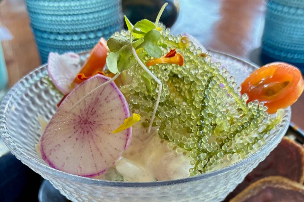 Sea grapes limu served in a dish with colorful vegetables and edible flowers